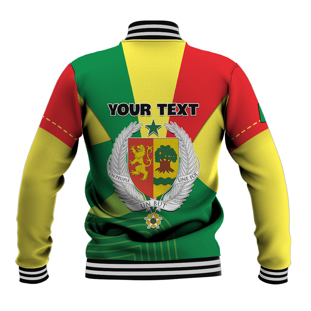 Unisex baseball jacket with green, red, yellow panels, striped collar, lion crest on back
