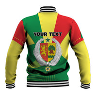 Unisex baseball jacket with green, red, yellow panels, striped collar, lion crest on back