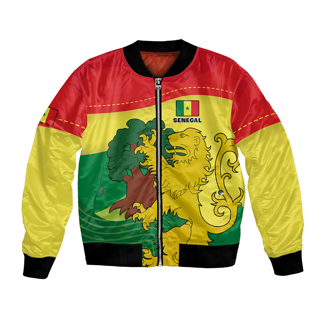 Unisex bomber jacket with zip front, Senegal lion graphic, red yellow green, ribbed cuffs
