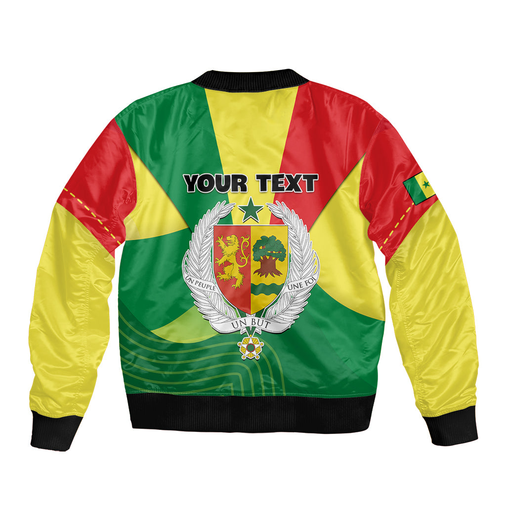 Unisex bomber jacket with zip front, green yellow red back print with crest and 'YOUR TEXT'