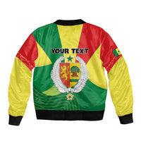 Unisex bomber jacket with zip front, green yellow red back print with crest and 'YOUR TEXT'