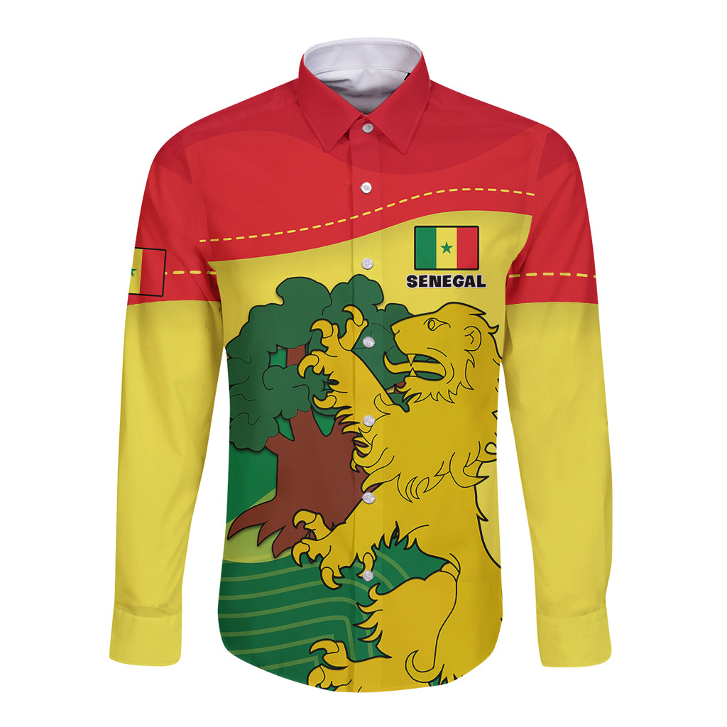 Long sleeve button shirt, red-yellow-green Senegal lion front graphic