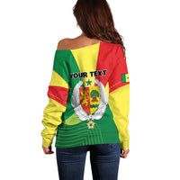 Women’s off-shoulder sweater, multicolor back with “YOUR TEXT” and crest emblem