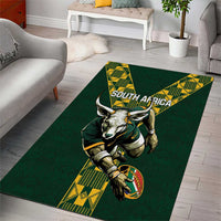 Green rugby area rug featuring South Africa text, bull mascot, and yellow patterned end sections