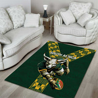 Green living room rugby area rug with bull mascot, South Africa text, and yellow patterned corners