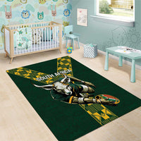 Green kids room rugby area rug with South Africa lettering, bull mascot, and yellow geometric panels