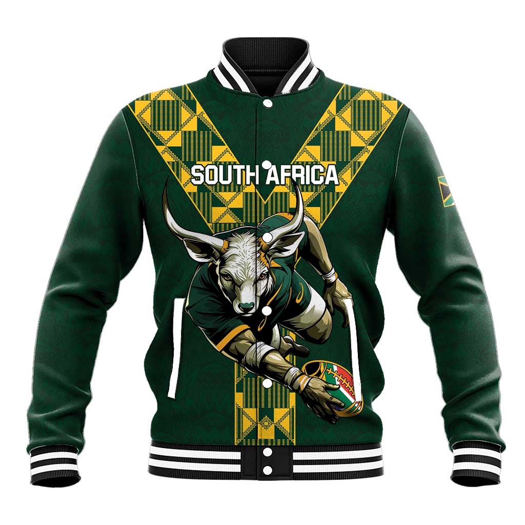 Dark green varsity baseball jacket with yellow geometric shoulders, 'SOUTH AFRICA' logo.