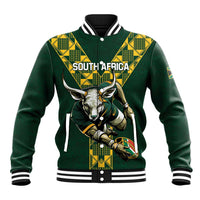 Dark green varsity baseball jacket with yellow geometric shoulders, 'SOUTH AFRICA' logo.