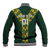 Dark green baseball jacket with yellow geometric back design, 'YOUR TEXT' and '01'.