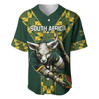 Green rugby baseball jersey, South Africa text and springbok with ball graphic