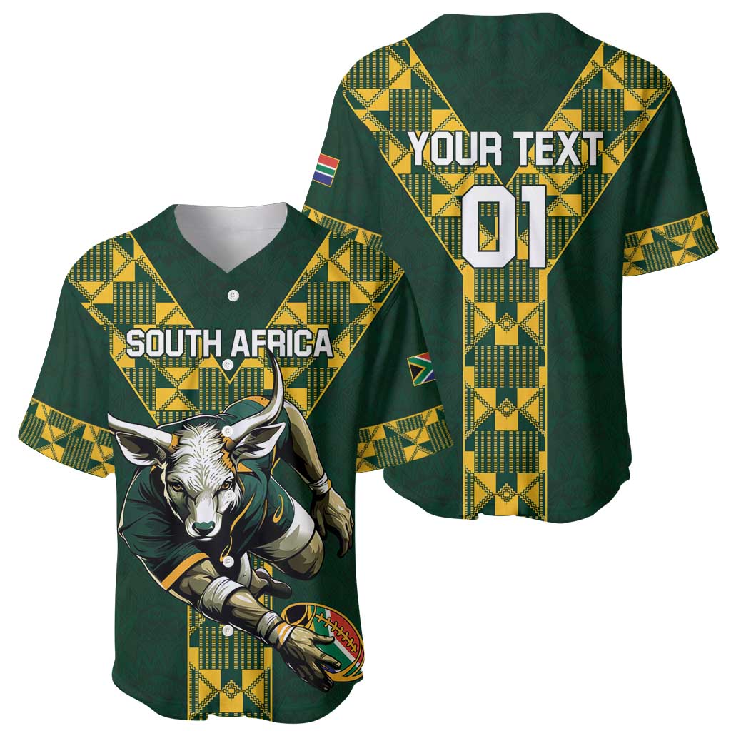 Green rugby baseball jersey, front graphic of springbok with South Africa text