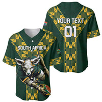 Green rugby baseball jersey, front graphic of springbok with South Africa text