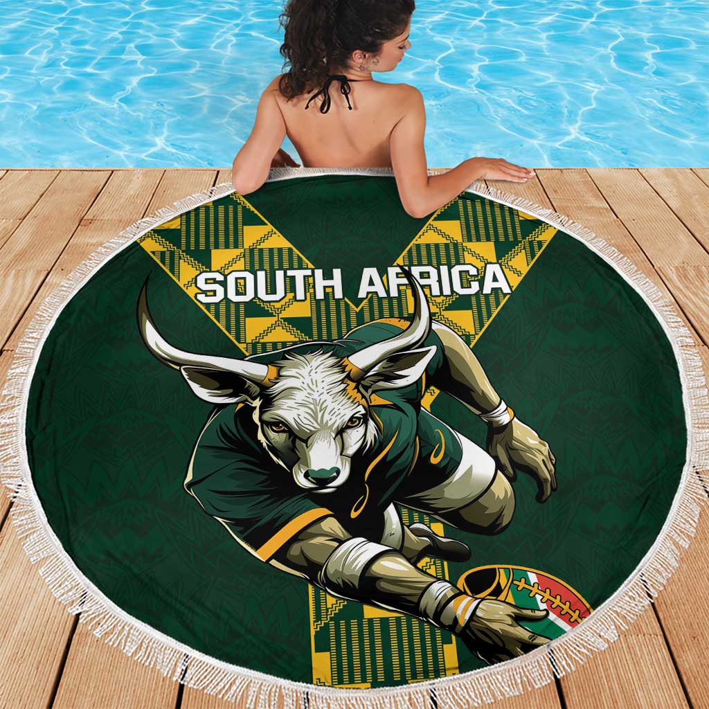 Green round beach blanket with fringe featuring South Africa and bull sports mascot graphic.