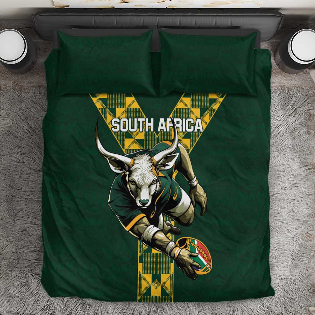 Green rugby bedding set with South Africa text and antelope mascot center graphic