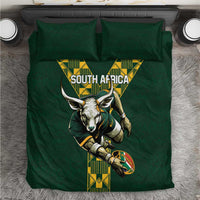 Green rugby bedding set with South Africa text and antelope mascot center graphic