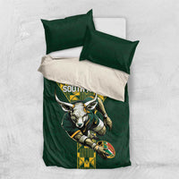 Green rugby bedding set with antelope mascot and South Africa text on duvet cover