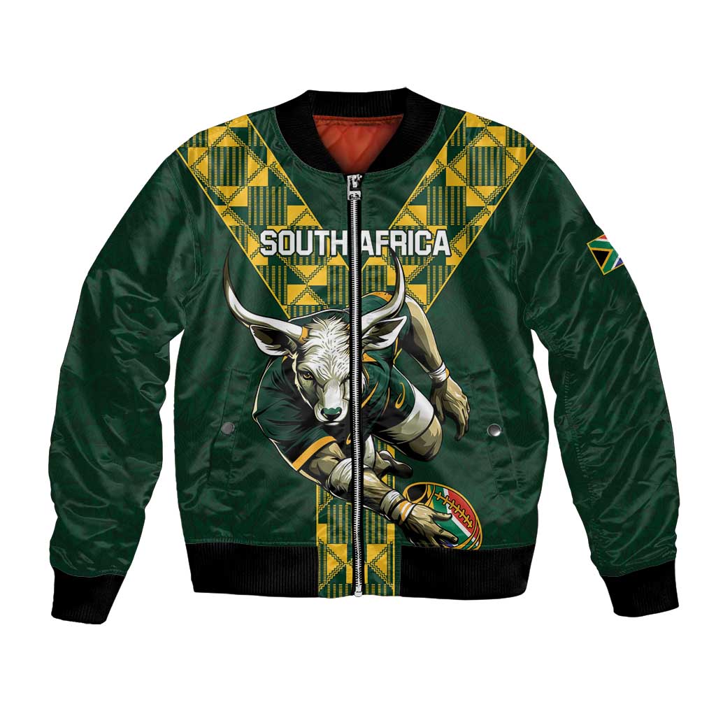 Green bomber jacket with zip front, yellow graphic panel, and bull head artwork