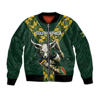 Green bomber jacket with zip front, yellow graphic panel, and bull head artwork