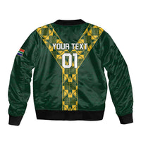 Green bomber jacket back with yellow pattern, "YOUR TEXT" and "01"; SA flag sleeve patch