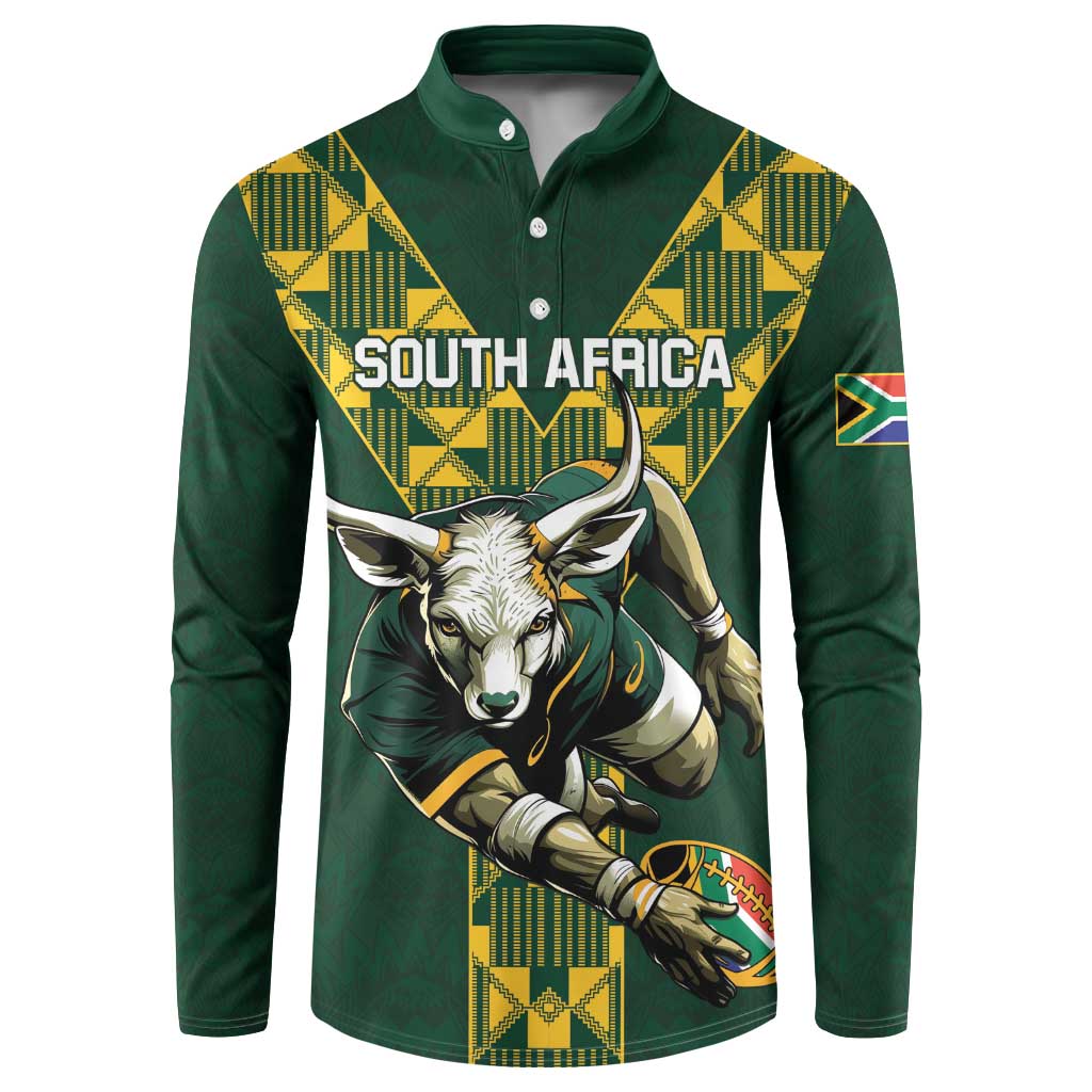 Green rugby button sweatshirt with South Africa text and animal mascot graphic