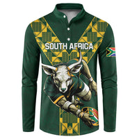 Green rugby button sweatshirt with South Africa text and animal mascot graphic