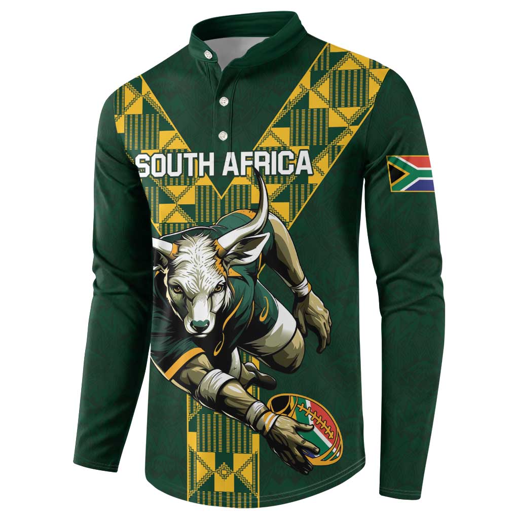 Green rugby button sweatshirt with yellow patterned shoulders and South Africa text