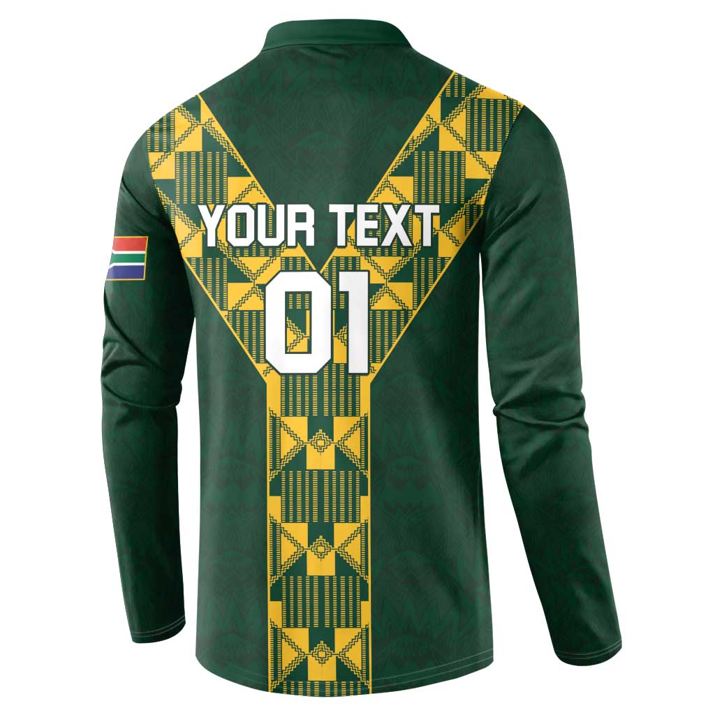 Green rugby button sweatshirt back with Your Text 01 and yellow diagonal pattern