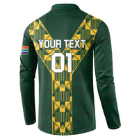 Green rugby button sweatshirt back with Your Text 01 and yellow diagonal pattern