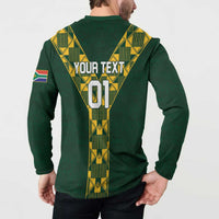 Green rugby button sweatshirt back with Your Text 01, yellow panel and side flag