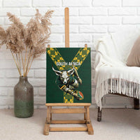 Green South Africa rugby canvas wall art on a wooden easel with bull mascot