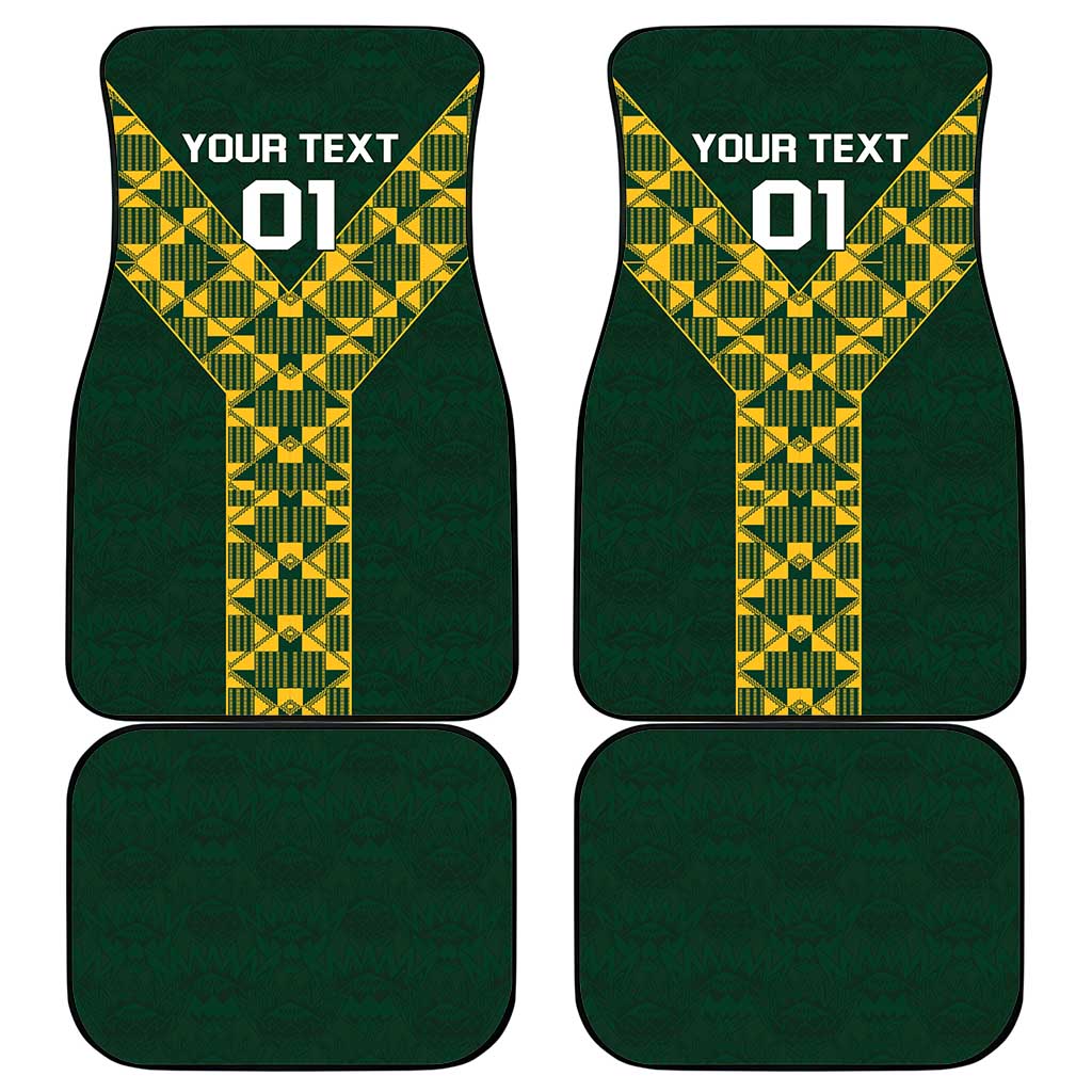 Set of green car floor mats with yellow geometric rugby pattern and 'YOUR TEXT 01'