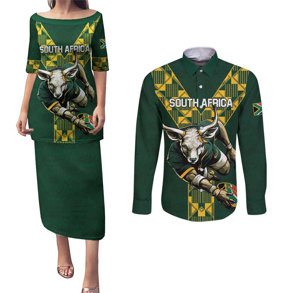 Custom South Africa 2024 Rugby Couples Matching Puletasi and Long Sleeve Button Shirt Go Springboks Protea Pattern - Wonder Print Shop