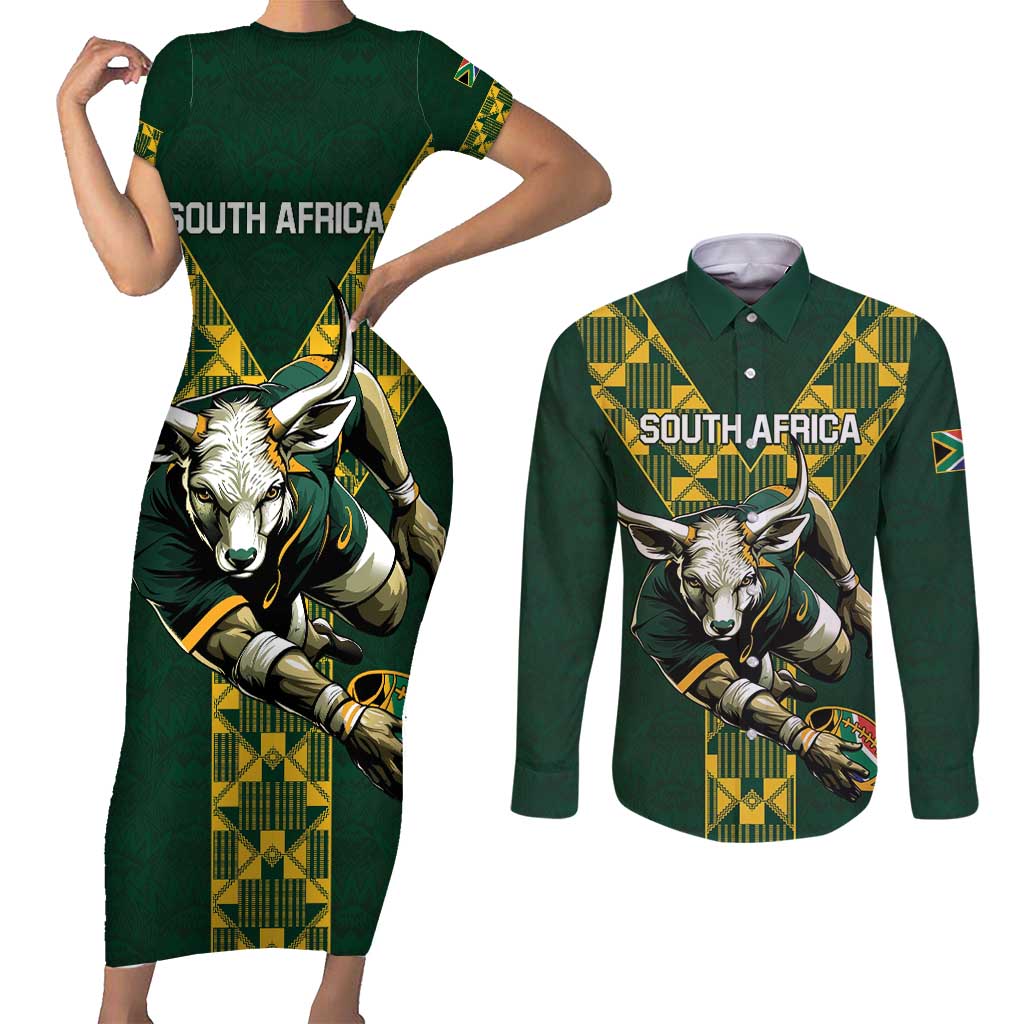 Custom South Africa 2024 Rugby Couples Matching Short Sleeve Bodycon Dress and Long Sleeve Button Shirt Go Springboks Protea Pattern - Wonder Print Shop