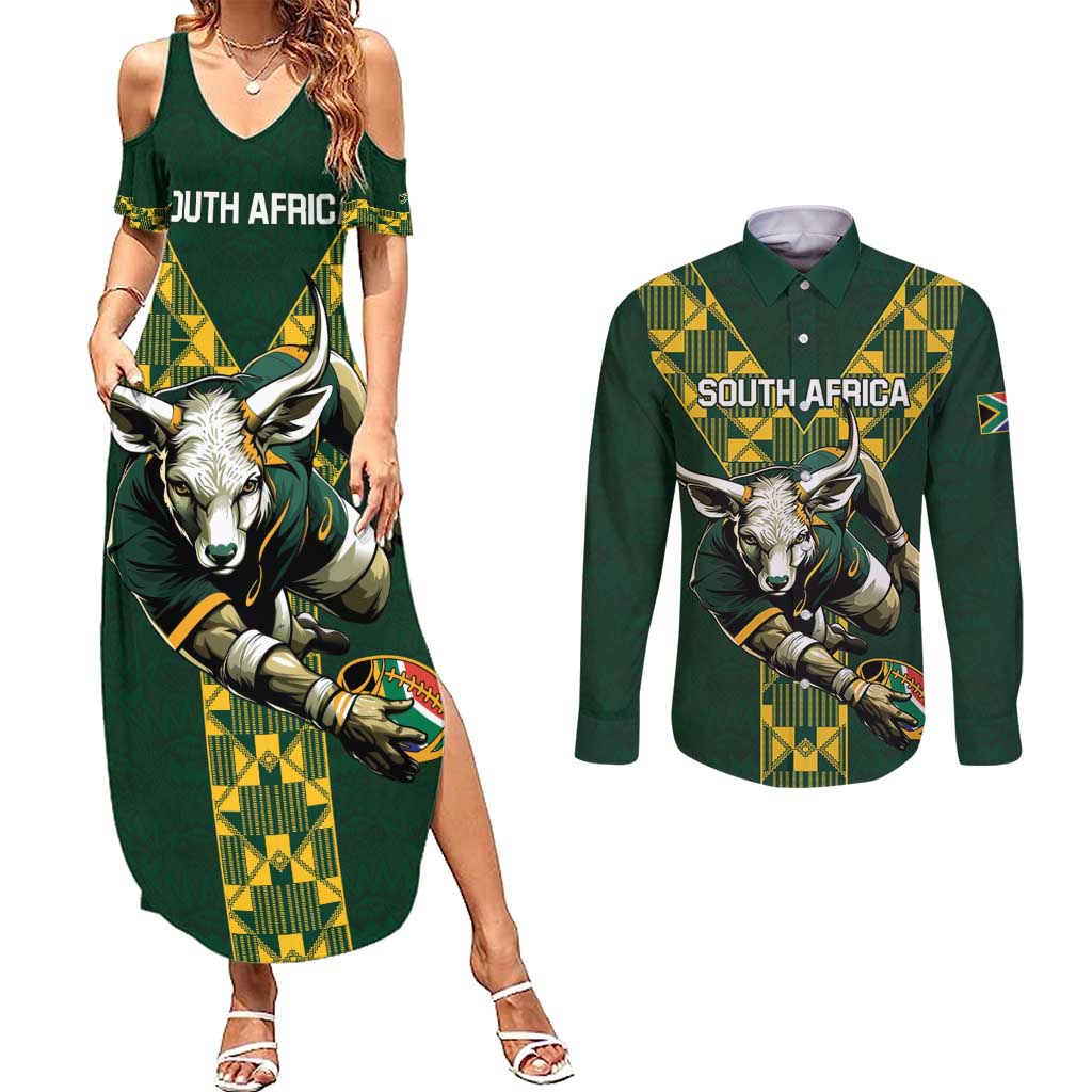 Custom South Africa 2024 Rugby Couples Matching Summer Maxi Dress and Long Sleeve Button Shirt Go Springboks Protea Pattern - Wonder Print Shop