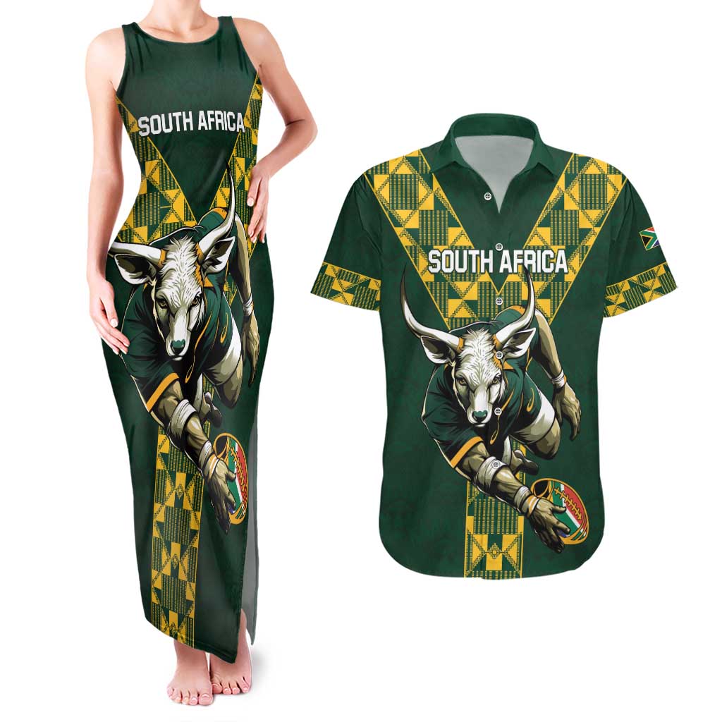 Custom South Africa 2024 Rugby Couples Matching Tank Maxi Dress and Hawaiian Shirt Go Springboks Protea Pattern - Wonder Print Shop