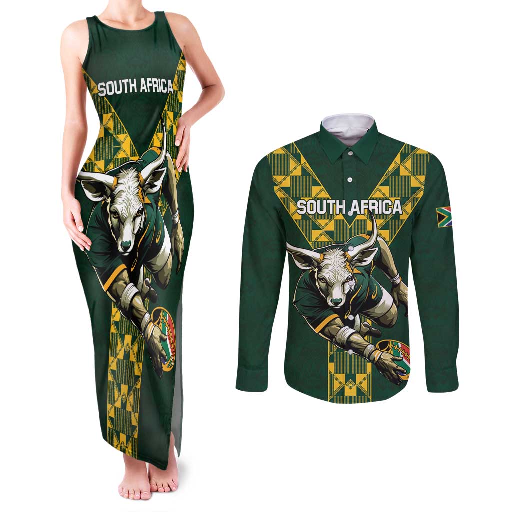 Custom South Africa 2024 Rugby Couples Matching Tank Maxi Dress and Long Sleeve Button Shirt Go Springboks Protea Pattern - Wonder Print Shop