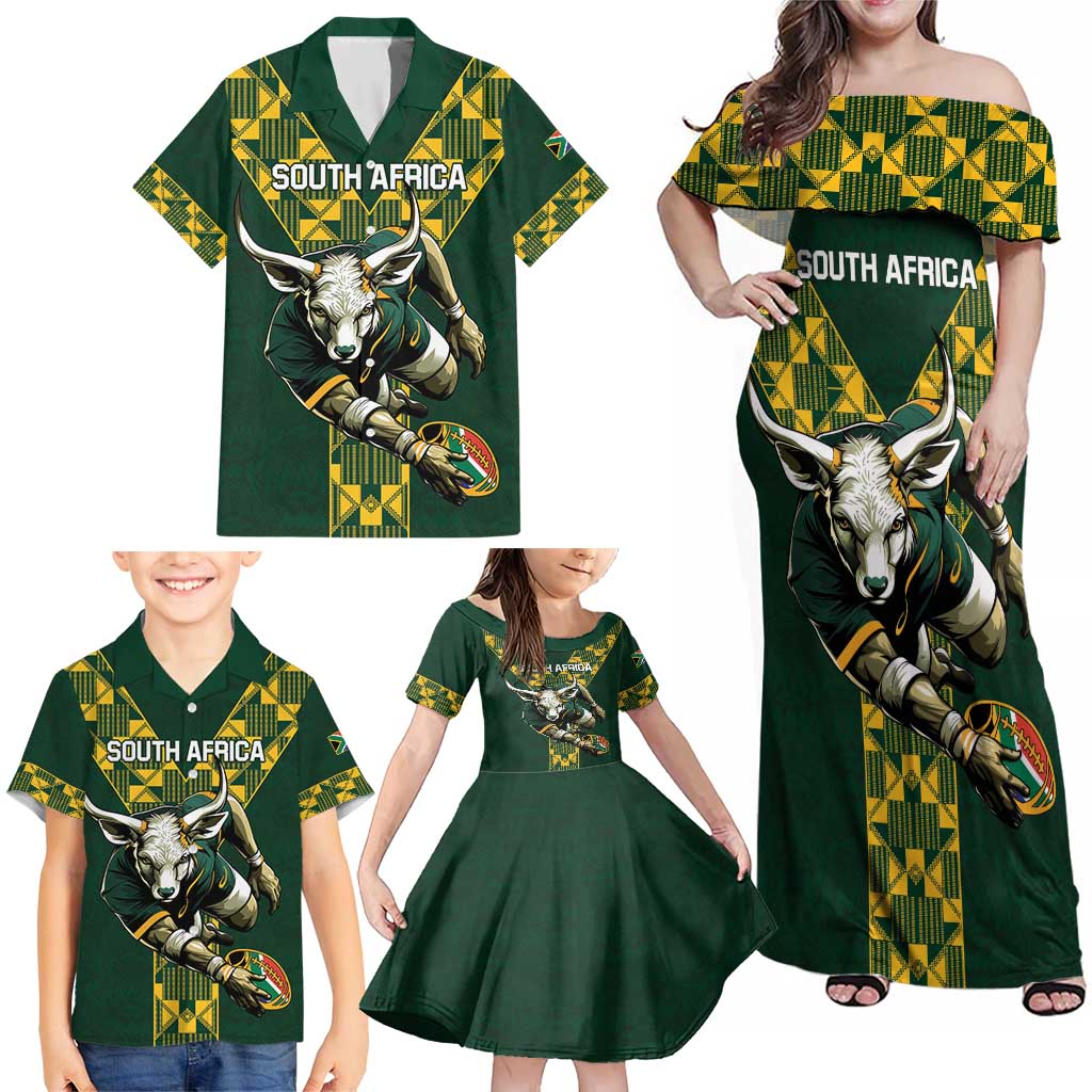 Custom South Africa 2024 Rugby Family Matching Off Shoulder Maxi Dress and Hawaiian Shirt Go Springboks Protea Pattern - Wonder Print Shop