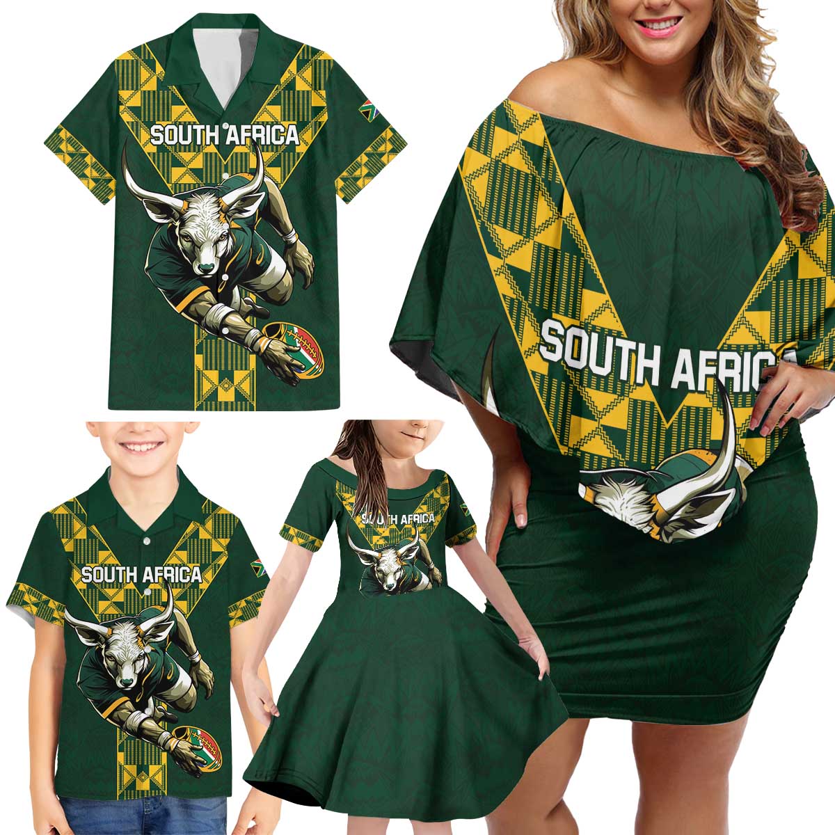 Custom South Africa 2024 Rugby Family Matching Off Shoulder Short Dress and Hawaiian Shirt Go Springboks Protea Pattern - Wonder Print Shop