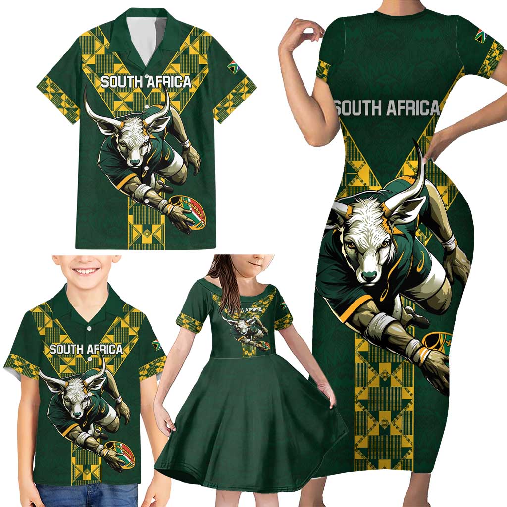 Custom South Africa 2024 Rugby Family Matching Short Sleeve Bodycon Dress and Hawaiian Shirt Go Springboks Protea Pattern - Wonder Print Shop