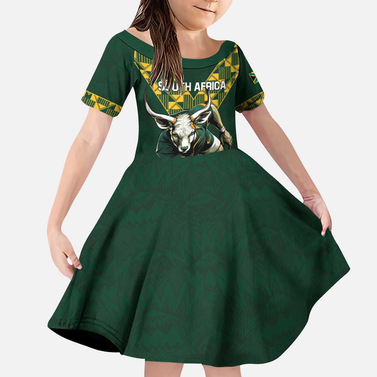 Custom South Africa 2024 Rugby Kid Short Sleeve Dress Go Springboks Protea Pattern - Wonder Print Shop