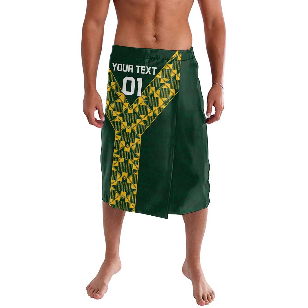 Green rugby wrap skirt with yellow geometric side panel and custom text