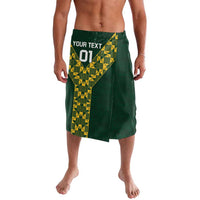 Green rugby wrap skirt with yellow geometric side panel and custom text