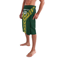 Green rugby wrap skirt with yellow geometric diagonal panel and front slit