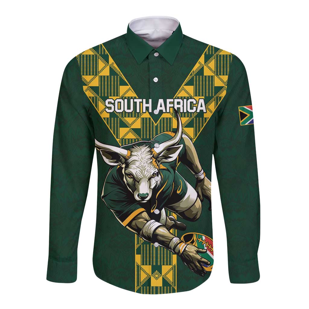 Custom green long-sleeve button shirt, front 'SOUTH AFRICA' animal graphic with yellow pattern