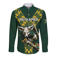 Custom green long-sleeve button shirt, front 'SOUTH AFRICA' animal graphic with yellow pattern