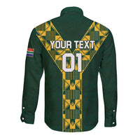Custom green long-sleeve button shirt, back graphic 'YOUR TEXT 01' with yellow pattern