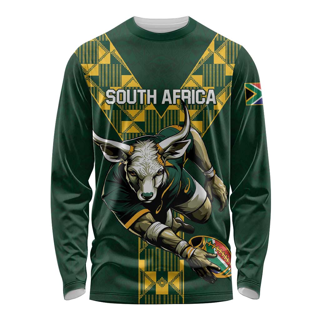 Green long-sleeve rugby shirt with South Africa graphic and antelope front panel