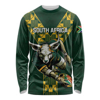 Green long-sleeve rugby shirt with South Africa graphic and antelope front panel