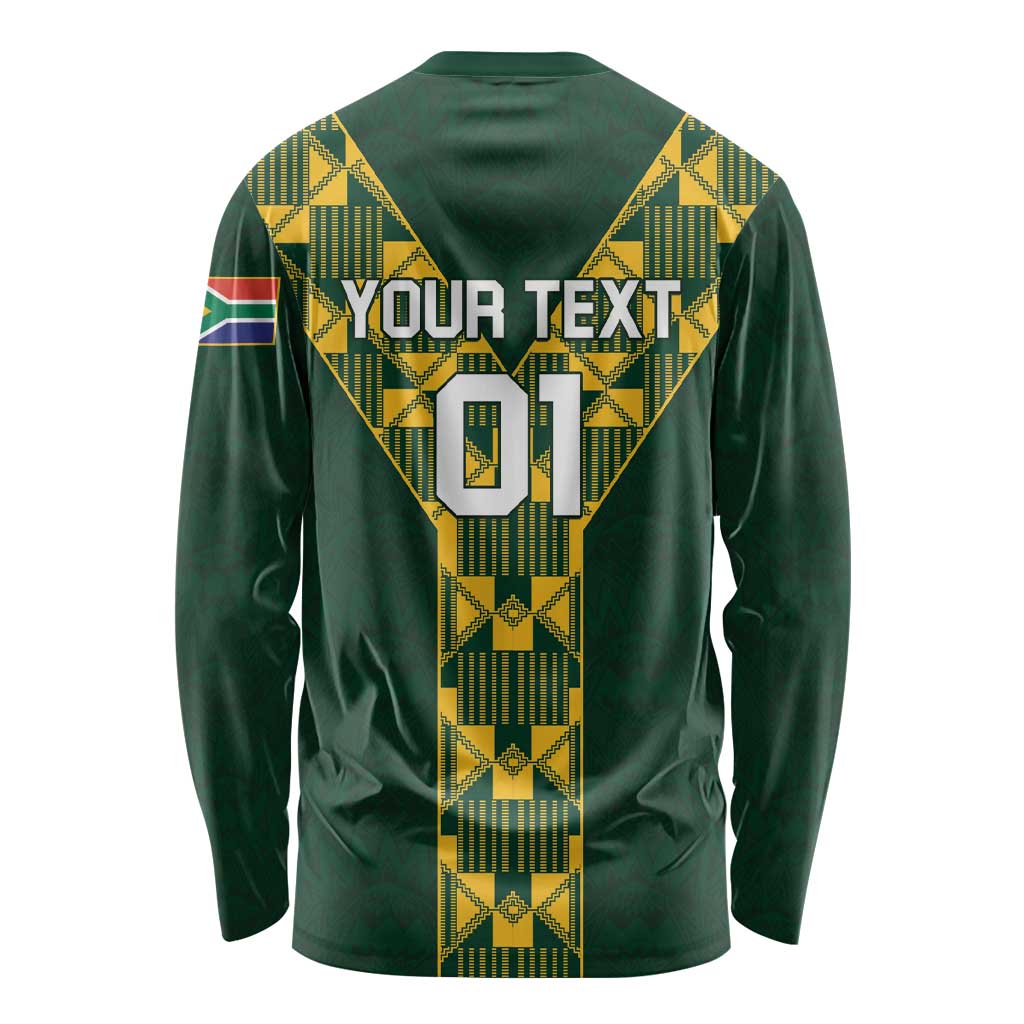 Green long-sleeve rugby shirt back with custom text, yellow geometric pattern, flags