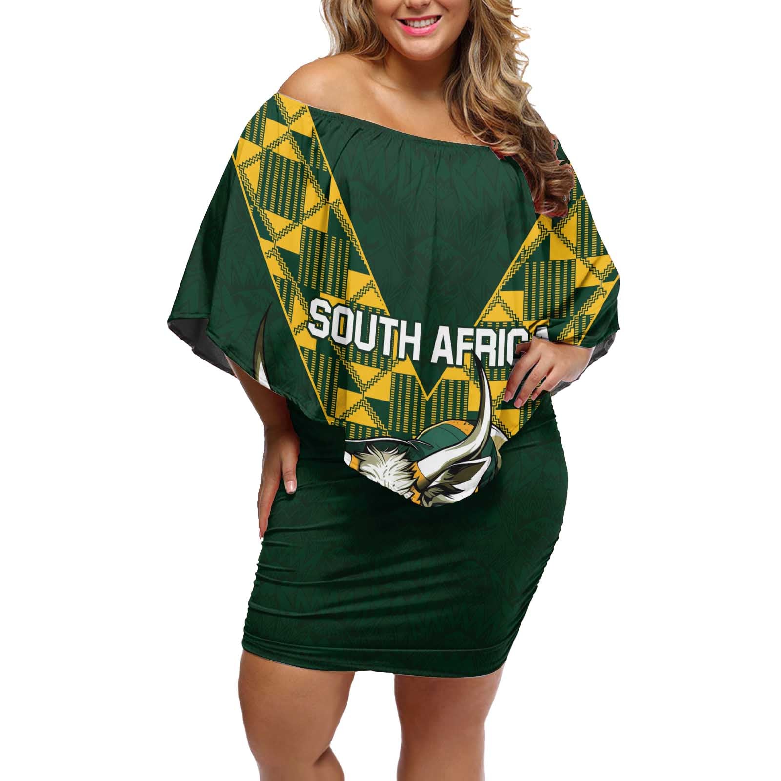 Custom South Africa 2024 Rugby Off Shoulder Short Dress Go Springboks Protea Pattern - Wonder Print Shop